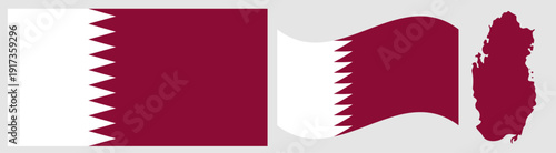 Qatar National Flag and Map. Official State Emblem Featuring a White Band on the Hoist Side Separated from a Maroon Field by a Nine-Pointed Serrated Edge with Geographical Country Map Silhouette.