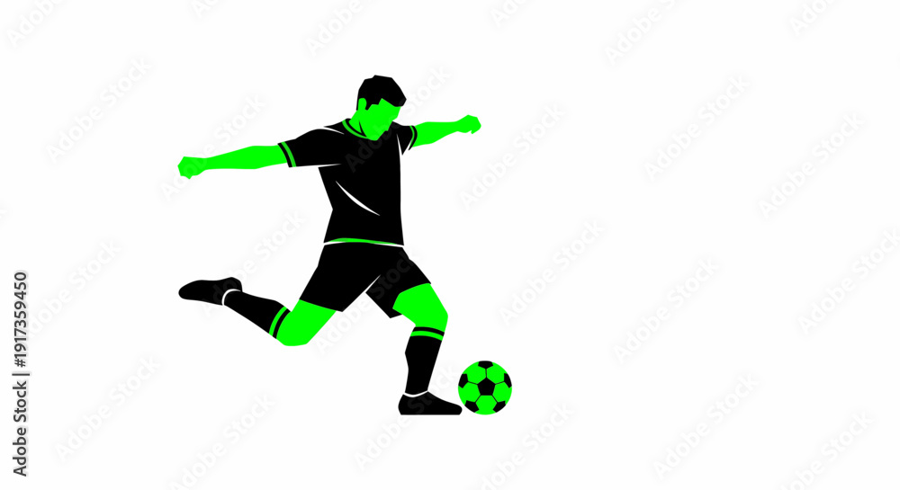 Fototapeta premium Green and Black Soccer Player Kicking Ball Flat Vector Illustration on White Background