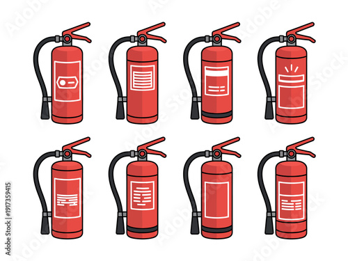 A collection of red fire extinguishers on a white background for safety and emergency preparedness