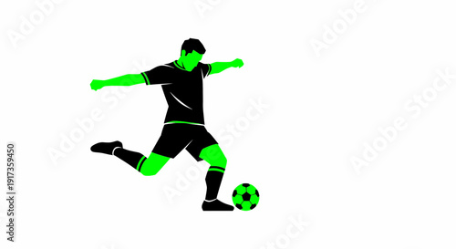 Green and Black Soccer Player Kicking Ball Flat Vector Illustration on White Background