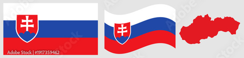 Free Download Slovakia National Flag and Map. Official Slovak Republic Emblem Featuring Three Horizontal Stripes of White, Blue, and Red with the National Shield and Geographical Country Map Silhouette. - GFXLoad