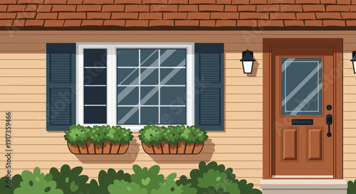 Front exterior view of a modern house showing a brown wooden door and a large window with shutters and flower boxes.