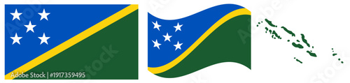 Solomon Islands National Flag and Map. Official State Emblem Featuring a Diagonally Divided Field of Blue and Green with a Yellow Stripe and Five White Stars with Geographical Archipelago Map Silhouet