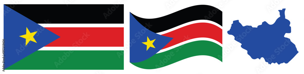 Fototapeta premium South Sudan National Flag and Map. Official State Emblem Featuring Horizontal Stripes of Black, Red, and Green with White Fringes and a Blue Triangle with a Gold Star and Geographical Country Map Silh
