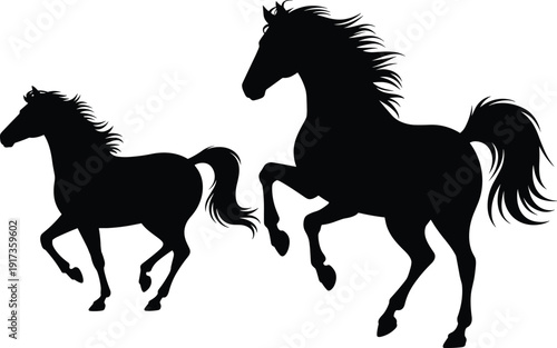 Black Horse Silhouette Set with Running Stallion and Young Foal, Dynamic Equestrian Animal Vector Illustration Collection