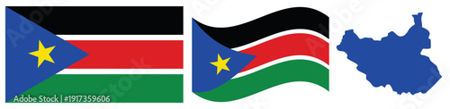 South Sudan National Flag and Map. Official State Emblem Featuring Horizontal Stripes of Black, Red, and Green with White Fringes and a Blue Triangle with a Gold Star and Geographical Country Map Silh