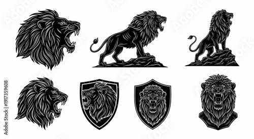 Roaring Lion Head and Full Body Vector Illustrations Set