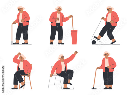 An elderly woman performing various daily activities with the aid of a cane or walker