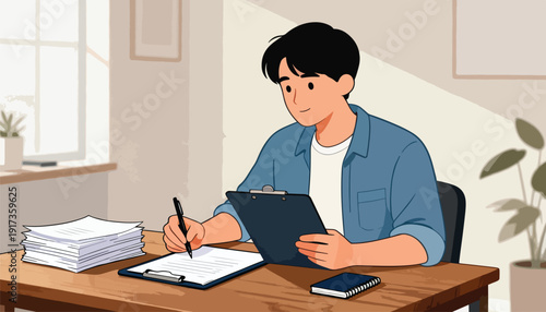 Young man writing on a clipboard at a wooden desk with papers and plants