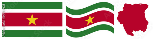Suriname National Flag and Map. Official Republic of Suriname Emblem Featuring Five Horizontal Stripes of Green, White, and Red with a Central Yellow Star and Country Map Silhouette.
