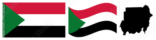 Sudan National Flag and Map. Official Republic of the Sudan Emblem Featuring Pan-Arab Colors with Three Horizontal Stripes of Red, White, and Black and a Green Triangle with Country Map Silhouette.