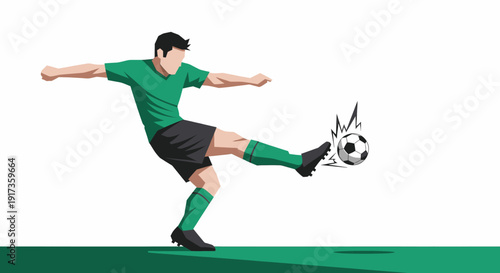 Soccer Player Kicking Ball in Dynamic Action on Green Field Isolated Vector Illustration