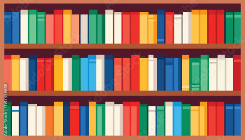 A detailed illustration of a three-shelf bookcase filled with colorful books