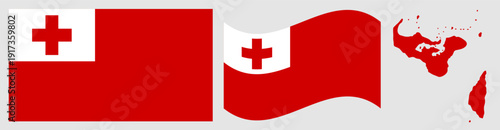 Tonga National Flag and Map. Official Kingdom of Tonga Emblem Featuring a Red Field with a White Bold Greek Cross on a White Square Canton and Geographical Archipelago Island Map Silhouette.