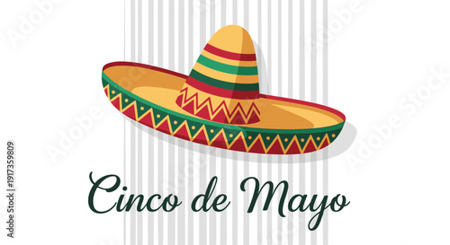 Traditional Mexican sombrero hat illustration for Cinco de Mayo celebrations with a simple striped background design.