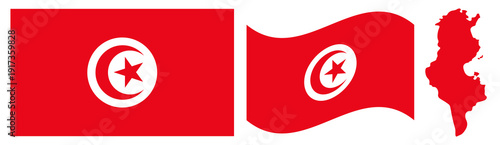 Tunisia National Flag and Map. Official Republic of Tunisia Emblem Featuring a Red Crescent and Star Inside a White Circle on a Red Field with Geographical Country Shape Silhouette Graphic.