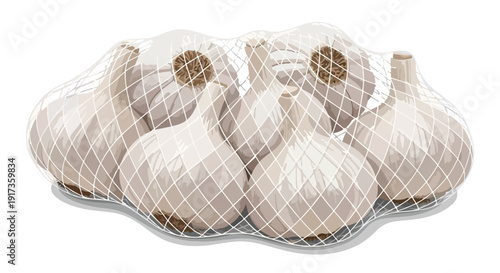 Bulbs of garlic wrapped in a white net bag on a plain white background.