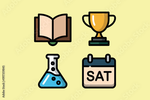 A colorful illustration of education and achievement icons on a pale yellow background