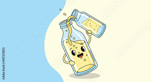 Fun and cute illustration of two glass milk bottle characters with happy faces where one is pouring milk into the other.