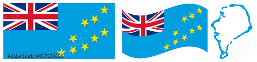 Tuvalu National Flag and Map. Official State Emblem Featuring a Light Blue Field with the Union Jack in the Canton and Nine Yellow Five-Pointed Stars with Geographical Island Map Silhouette.