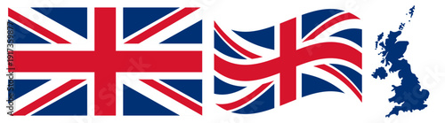 United Kingdom National Flag and Map. Official Union Jack Emblem Featuring the Crosses of Saint George, Saint Andrew, and Saint Patrick with the Geographical UK Country Shape Silhouette Graphic.