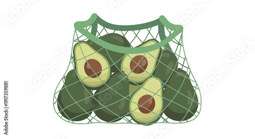 A green net bag filled with whole and halved avocados on a clean white background with a natural and earthy mood.