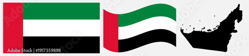 United Arab Emirates National Flag and Map. Official UAE Emblem Featuring Pan-Arab Colors of Red, Green, White, and Black with Geographical Country Shape Silhouette Graphic Design.