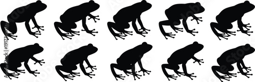 Collection of ten black frog silhouettes in crouched positions facing right, arranged in two rows, isolated on white background