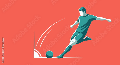 Soccer Player Performing Corner Kick with Ball on Red Field Flat Vector Illustration