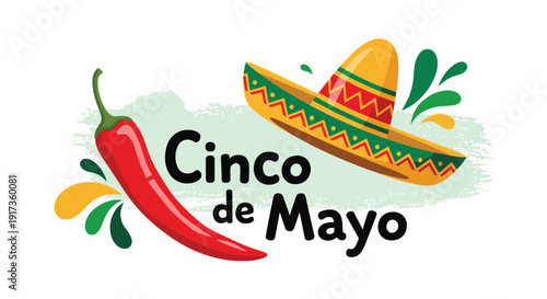 Vibrant Cinco de Mayo graphic with a spicy red chili pepper and a colorful Mexican sombrero hat for festive events.