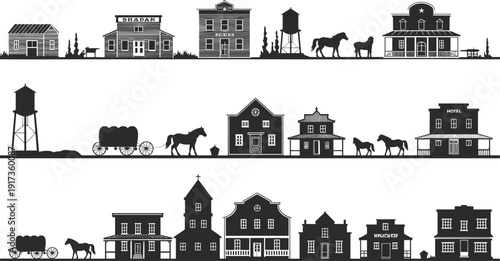 Collection of Western town silhouettes with saloon, hotel, church, wagons, horses, and frontier buildings, isolated black vector design elements