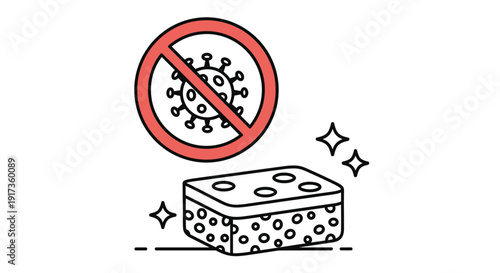Cleaning concept illustration showing a sponge and a prohibited virus symbol for disinfection and anti-bacterial hygiene.