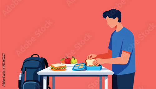 Person packing a lunchbox at a table with a backpack and fruit