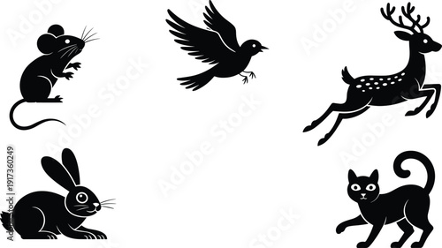Cute Forest Animal Silhouettes Set with Mouse Flying Bird Deer Rabbit and Cat Isolated on White Background Vector