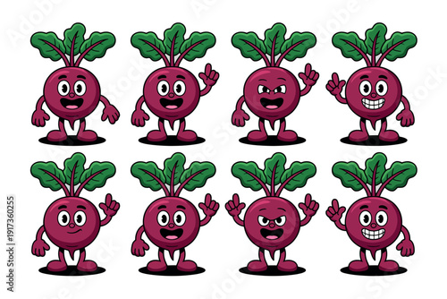 A group of cartoon beets with various happy and playful expressions on their faces.
