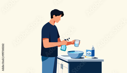 Person mixing liquid, powder, and water in a bowl