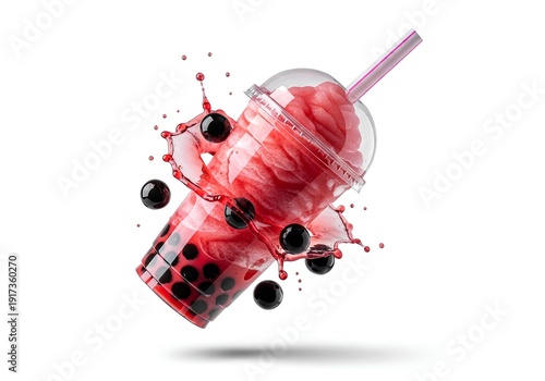Refreshing Pink Bubble Tea Splash with Tapioca Pearls.