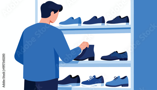 Man shops for blue shoes, touching boot on shelf