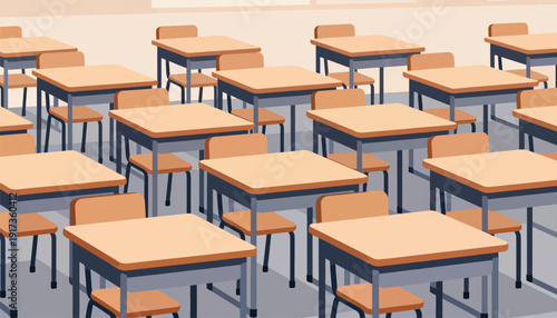 An empty classroom with rows of simple wooden desks and chairs