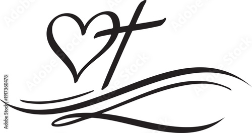 Stylized black line art heart and cross symbol with decorative swirl elements, representing faith, love, and spirituality, isolated on a transparent background.