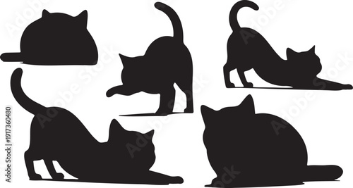 Five black cat silhouettes in various playful and stretching poses, including sitting, standing, and reaching, isolated on a transparent background.
