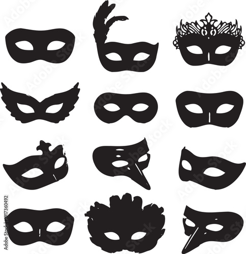 Carnival mask silhouette collection. Includes masquerade, Venetian, Mardi Gras, party, and decorative eye mask symbols. Created in solid black vector style with a monochrome palette.