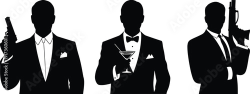 Silhouette of Three Men in Tuxedos Holding Weapons and a Drink Keywords: man, men, tuxedo, suit, formal wear, spy, agent, secret