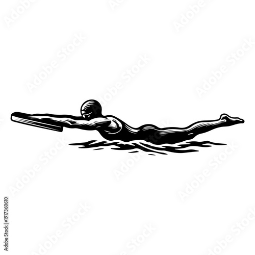 Swimmer Training with Kickboard in Black and White.