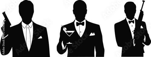 Silhouette of Three Men in Tuxedos Holding Weapons and a Drink Keywords: man, men, tuxedo, suit, formal wear, spy, agent, secret