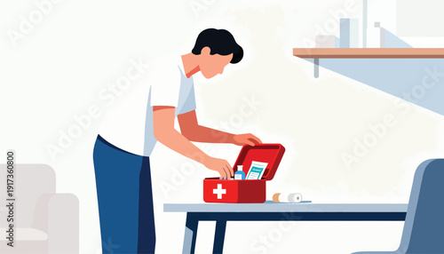 A person packs a red first-aid kit, preparing supplies for emergencies