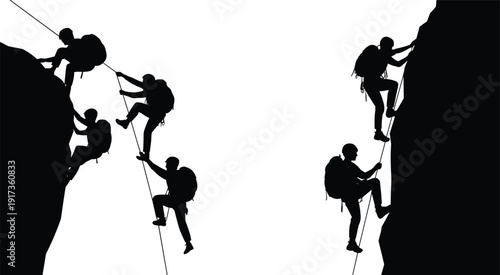 Silhouettes Of Climbers Ascending Rocky Cliffs On White And Black Backgrounds climbing
