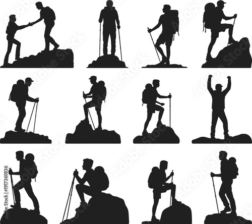 Hiker and Mountaineer Silhouette Vector Set with Backpackers Climbing, Trekking and Celebrating on Mountain Peaks Collection