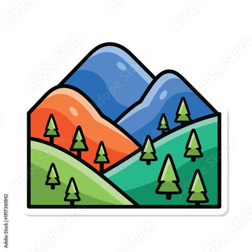 An illustrative representation of a serene landscape with mountains, trees, and hills from a frontal viewpoint.