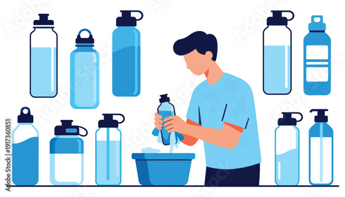 Person washing a blue water bottle amidst a collection of similar containers